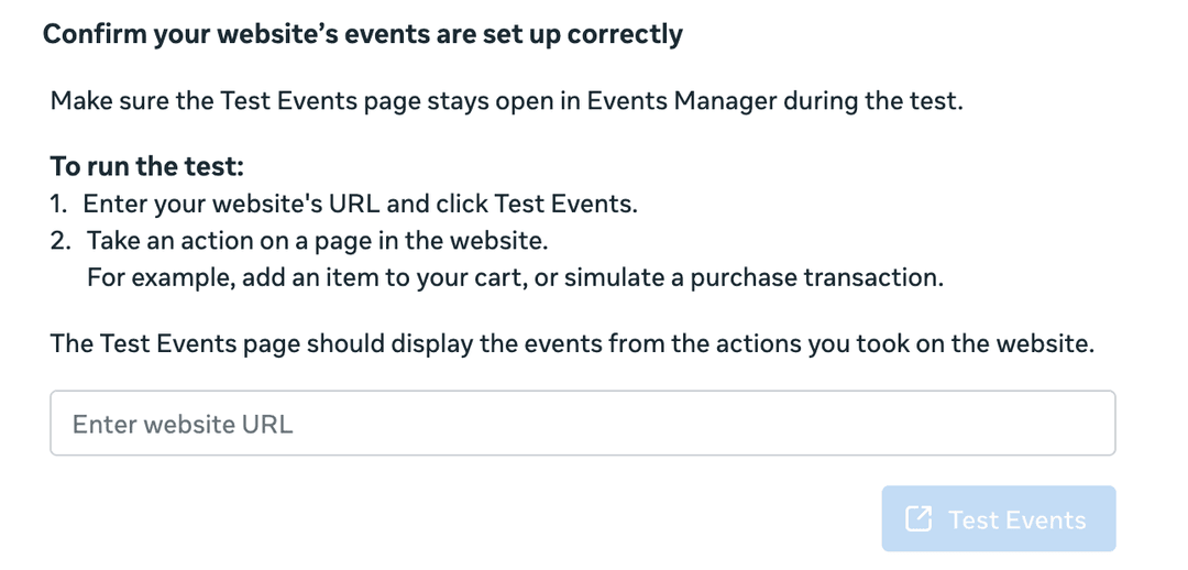 Meta Test Events browser setup