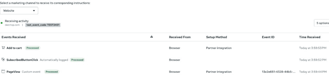 Meta Test Events received in browser
